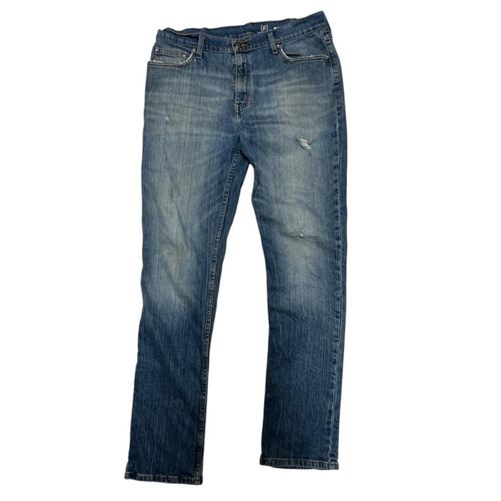 George Slim Straight Leg Men's Size 36 X 34 Blue Destressed Denim Jeans